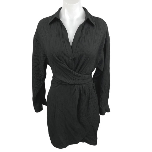 Zara Black Collared V-Neck Long Sleeve Mini Wrap Dress  size XL - Picture 1 of 10